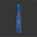 Blue Modern Pistol with Yellow Accents Red Button and Warning Symbol in Futuristic Design