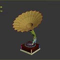 Golden Phonograph Decorative Equipment With Red Wooden Base And Fan Shaped Horn