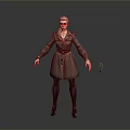 Woman wearing brown coat with belt and brown boots against gray background and small doll