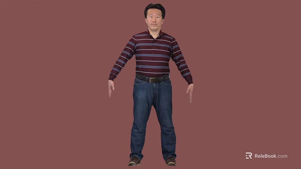 Man Wearing Striped Sweater And Blue Jeans Against Red Background In Standing Pose 3d model 