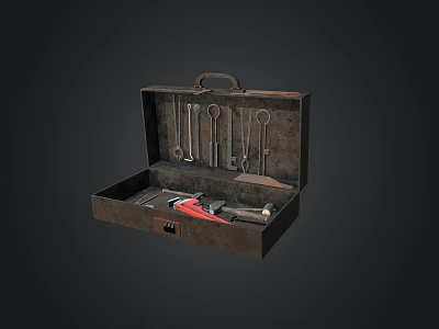 Open Vintage Toolbox With Various Tools Including Wrenches Pliers And Screwdrivers 3d model