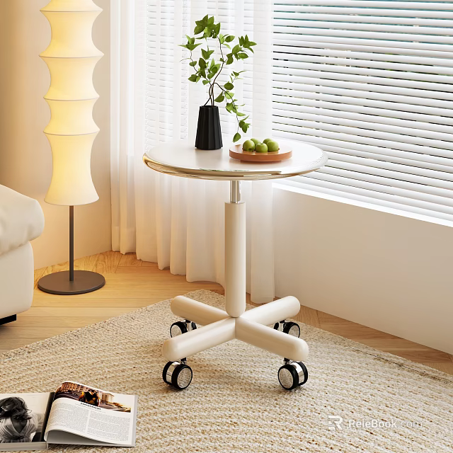Round White Side Table with Wheels in Modern Living Room with Green Plant and Fruits 3d model 