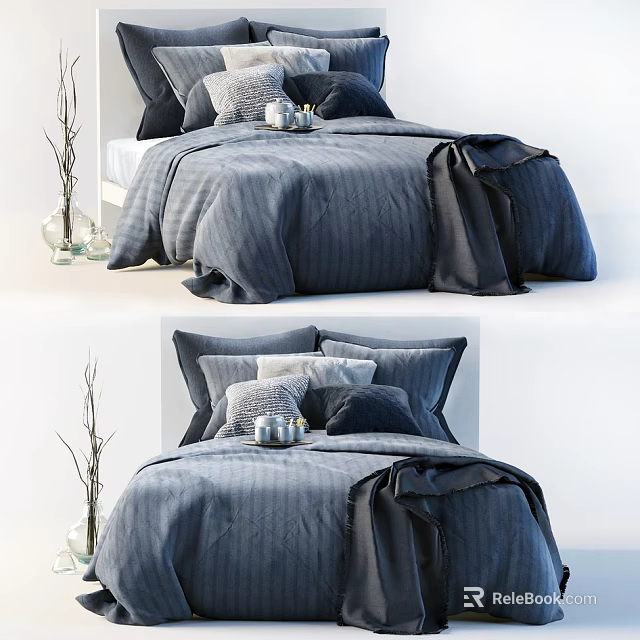 Modern Double Bed with Navy Striped Comforter Multiple Accent Pillows and Decorative Vase 3d model