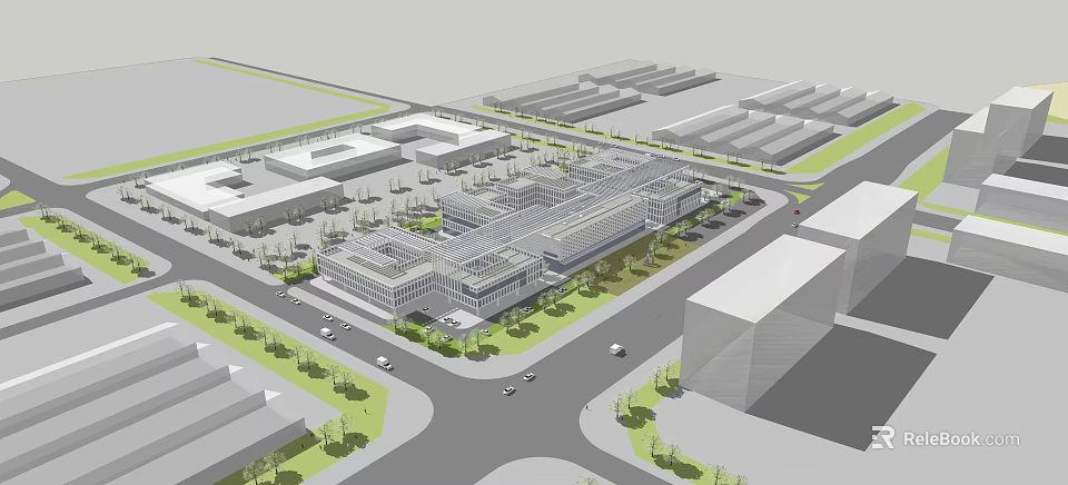 Modern Office Building With Glass Facade Landscaping And Parking Area In Business Complex 3d model 