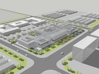 Modern Office Building With Glass Facade Landscaping And Parking Area In Business Complex 3d model