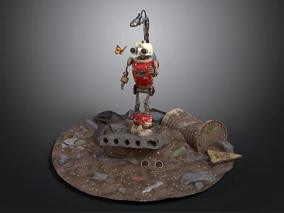 Rusty Robot Standing On Abandoned Platform With Butterfly And Oil Barrel Debris 3d model