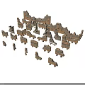Ancient Architectural Ruins Model With Scattered Brick Components And Structures