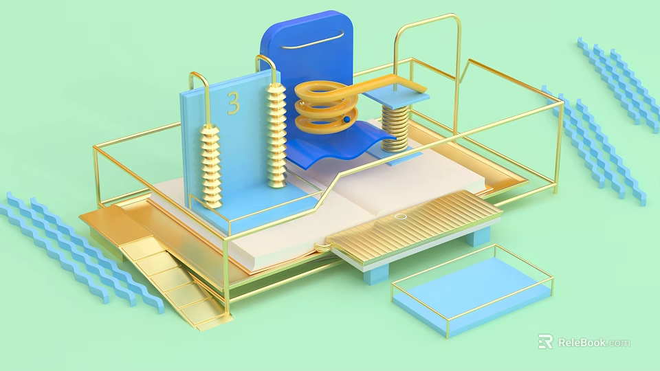 Kids Educational 3D Toy Model Featuring Blue Chair Gold Frame Number 3 Blocks And Spring 3d model 