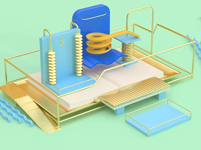 Kids Educational 3D Toy Model Featuring Blue Chair Gold Frame Number 3 Blocks And Spring 3d model
