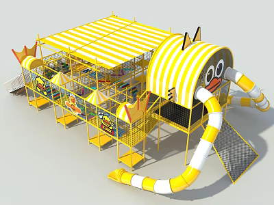 Fun Playground Equipment with Cartoon Duck Design Yellow White Striped Canopy and Slide 3d model