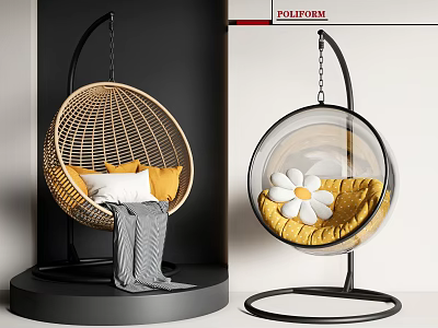 Rattan and Transparent Sphere Hanging Chairs With Yellow White Cushions Gray Blanket and Daisy 3d model