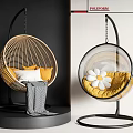 Rattan and Transparent Sphere Hanging Chairs With Yellow White Cushions Gray Blanket and Daisy