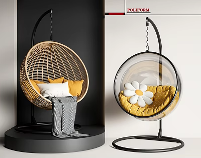 Rattan and Transparent Sphere Hanging Chairs With Yellow White Cushions Gray Blanket and Daisy 3d model