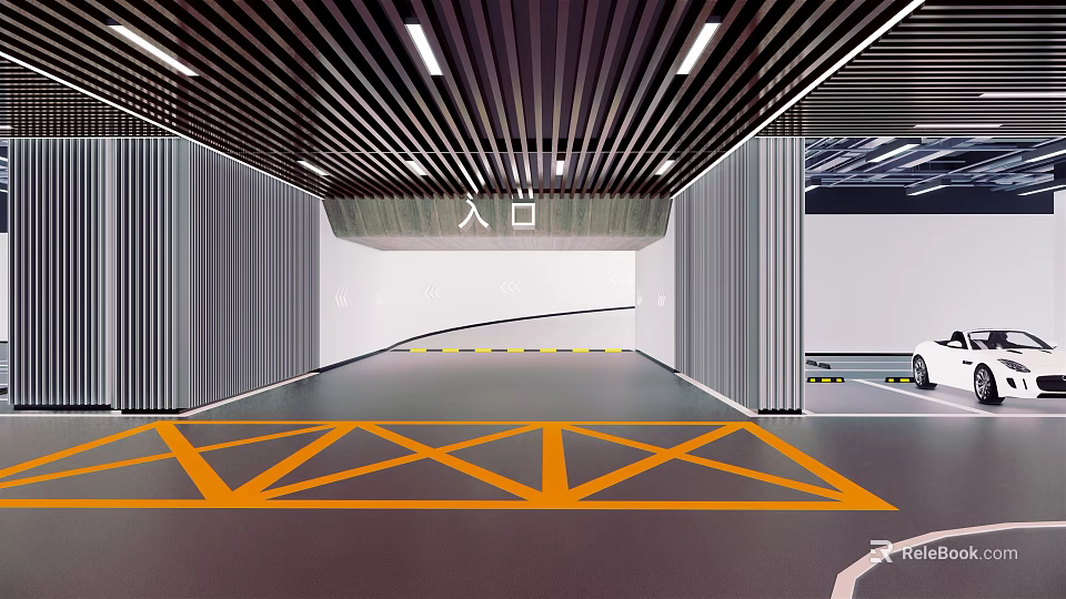Modern Parking Garage Entrance Design with Yellow Floor Stripes Gray Walls and Black Striped Ceiling 3d model 
