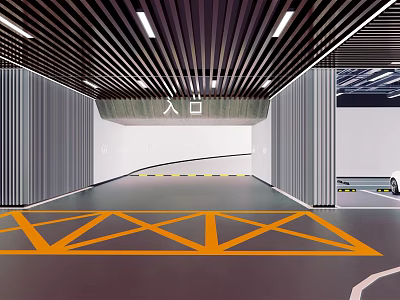 Modern Parking Garage Entrance Design with Yellow Floor Stripes Gray Walls and Black Striped Ceiling 3d model