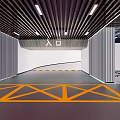 Modern Parking Garage Entrance Design with Yellow Floor Stripes Gray Walls and Black Striped Ceiling
