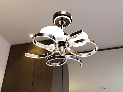 Modern Curved Metallic Chandelier With Circular Rings And White Shade In Interior Space 3d model