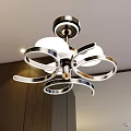 Modern Curved Metallic Chandelier With Circular Rings And White Shade In Interior Space