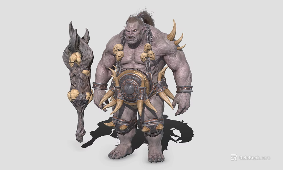 Orc Warrior Game Movie Character with Muscular Build Bone Decorated Armor and Spiked Weapon 3d model 