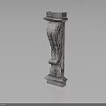 Gray Stone Decorative Column With Intricate Carvings And Textured Surface
