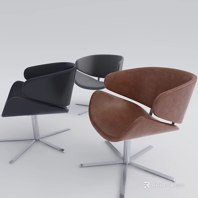 Modern Office Chairs With Black Grey Brown Colors And Curved Backrests On Metal Star Bases 3d model 