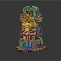 Ancient Decorative Statue With Golden Mask Geometric Structure And Blue Green Accents On Pedestal