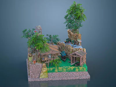 Wooden House in Natural Setting With Trees Stone Walls Grass and Water Feature 3d model