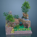 Wooden House in Natural Setting With Trees Stone Walls Grass and Water Feature