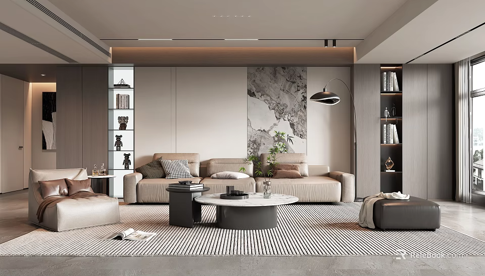 Modern Living Room Interior With Beige Sofa Coffee Table Floor Lamp Green Plant And Bookshelves 3d model 