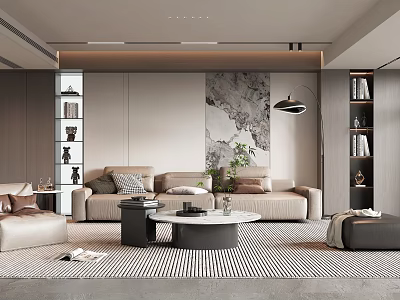Modern Living Room Interior With Beige Sofa Coffee Table Floor Lamp Green Plant And Bookshelves 3d model