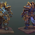 Detailed 3D Warrior Character In Blue Gold Armor Holding Axe Weapon Standing On Pedestal