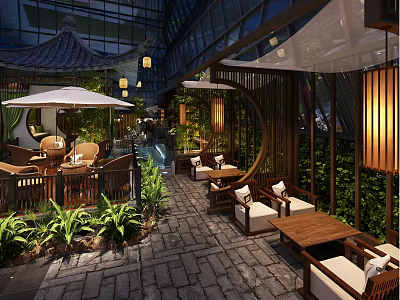 Traditional Chinese Style Garden Landscape With Cozy Lounge Seats Lush Green Plants And Warm Lighting 3d model