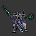 Armored Warrior Riding Blue And White Armored Creature With Glowing Weapon And Spikes