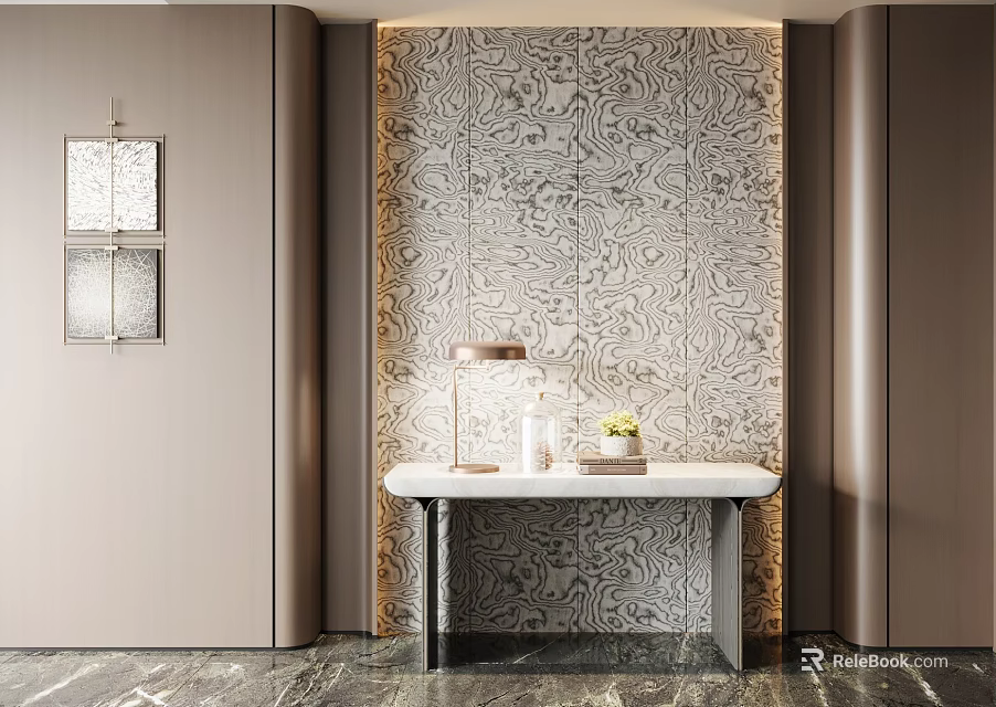 Elegant Modern Foyer Hallway Interior With Decorative Patterned Wall And Console Table Lighting 3d model