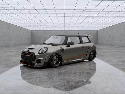 Silver Gray MINI Cooper With Black Roof Orange Stripes In Modern Indoor Space 3d model