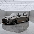Silver Gray MINI Cooper With Black Roof Orange Stripes In Modern Indoor Space