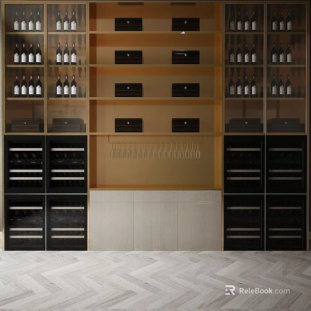 Modern Display Cabinet Featuring Wine Racks Glass Hooks Drawers And Storage Cabinets 3d model 