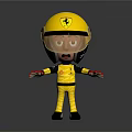 Cartoon Style Game or Movie Character in Yellow Jumpsuit with Yellow Helmet and Ferrari Logo