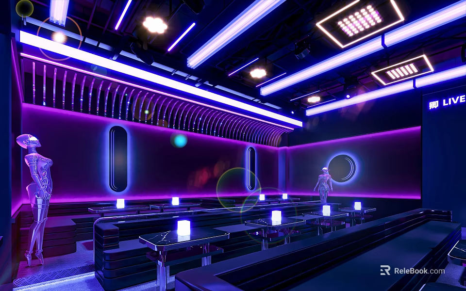 Modern Bar Interior Design With Neon Lights And Seating Area Lighting Effects 3d model 