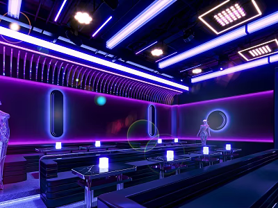 Modern Bar Interior Design With Neon Lights And Seating Area Lighting Effects 3d model