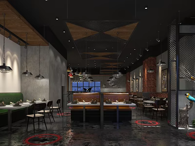Restaurant Interior With Green Booths Black Pendant Lights Red Brick Walls And Metal Mesh Decorations 3d model