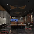 Restaurant Interior With Green Booths Black Pendant Lights Red Brick Walls And Metal Mesh Decorations
