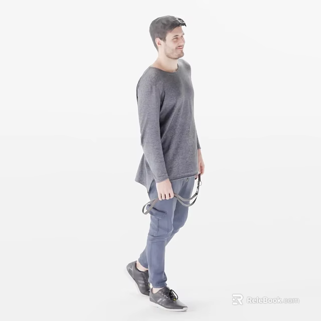 Man In Gray Long Sleeve Shirt And Gray Pants Holding Rope Against White Background 3d model 