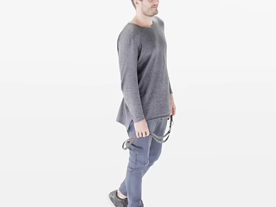 Man In Gray Long Sleeve Shirt And Gray Pants Holding Rope Against White Background 3d model