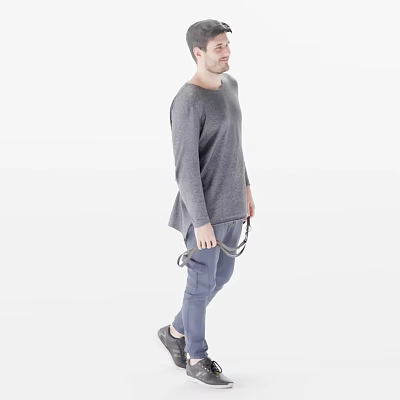 Man In Gray Long Sleeve Shirt And Gray Pants Holding Rope Against White Background 3d model