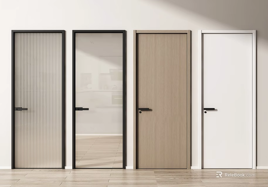 Various Hinged Doors Featuring Black Frames Glass Panels Wooden and White Styles 3d model 