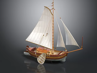 Sailboat Model With White Sails Wooden Hull And Oar On Reflective Surface 3d model