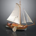 Sailboat Model With White Sails Wooden Hull And Oar On Reflective Surface