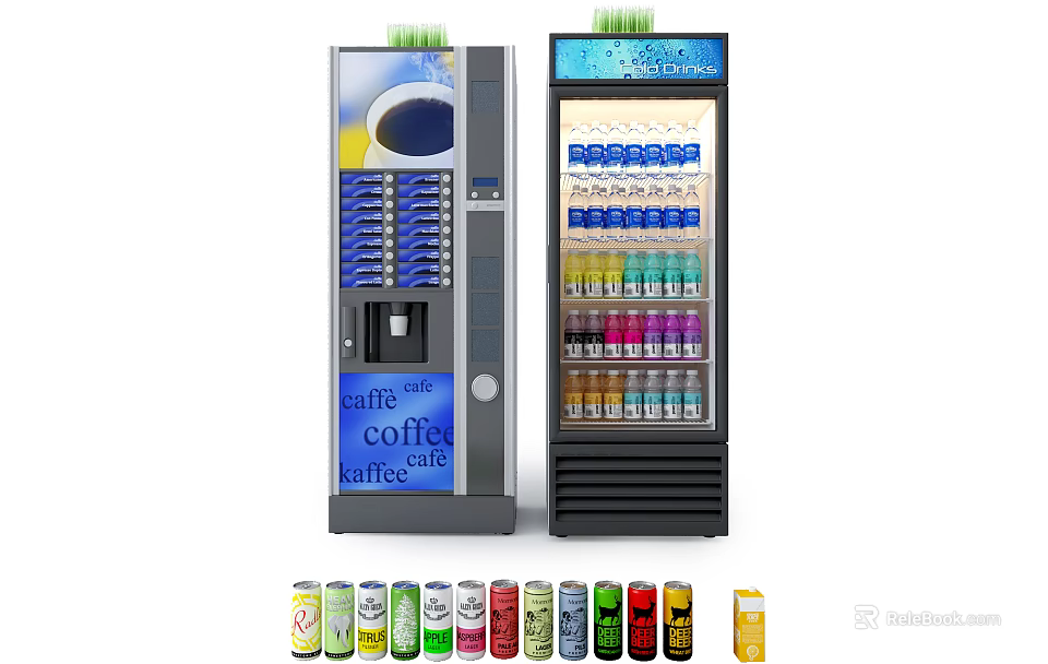 Refrigerated Vending Machines with Coffee Drinks Bottled Beverages and Assorted Cans 3d model 