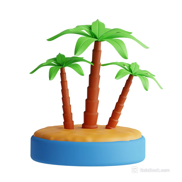 Three Green Palm Trees With Brown Trunks On Blue And Yellow Round Base 3d model 